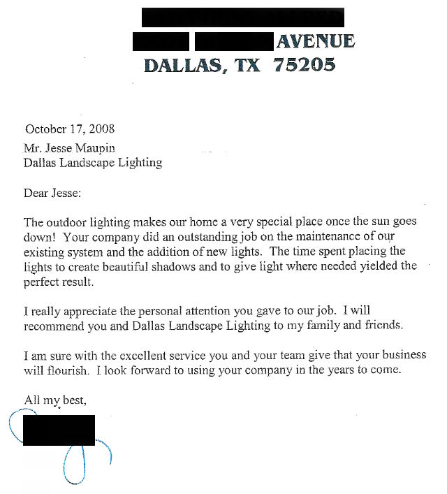Testimonials Reviews Dallas Landscape Lighting Dallas Landscape Lighting Review Customer Letter